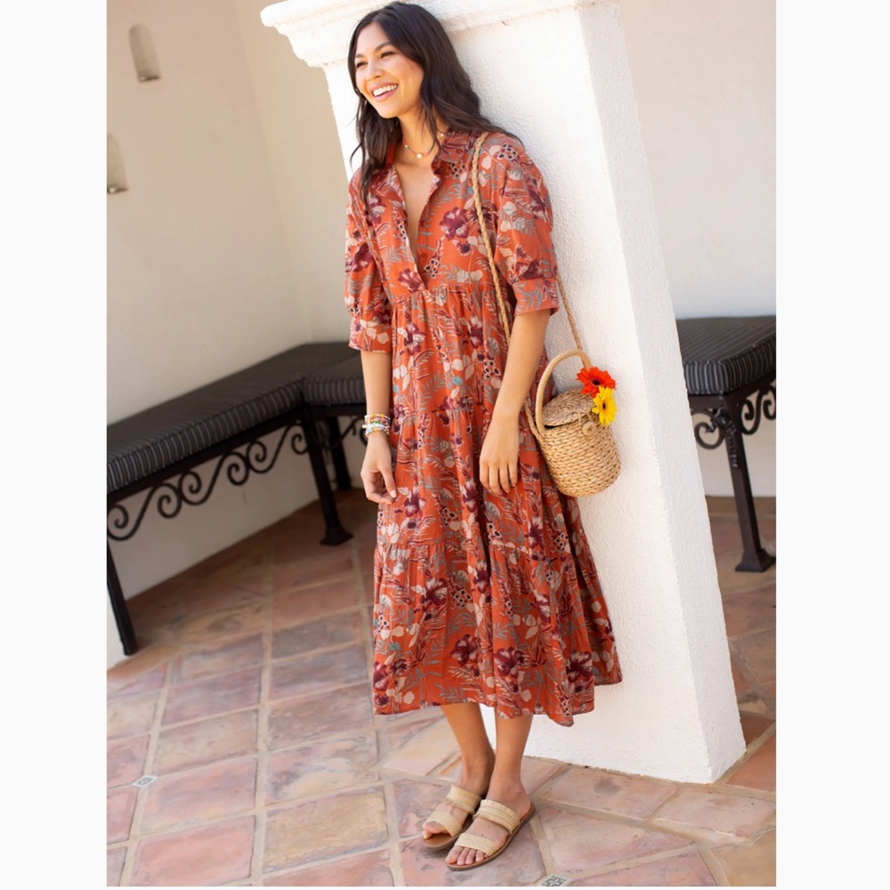 Natural Life Rebecca Midi Shirt Dress Tiered Size Medium in Orange Floral, Boho